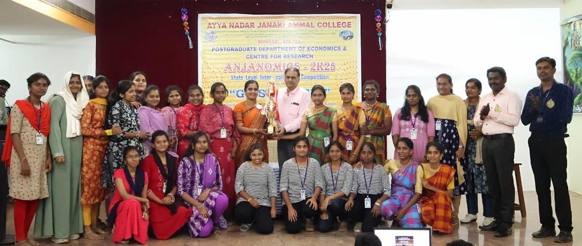 Winners of a State-level Inter-Collegiate Competition at the Postgraduate Department of Economics, Ayya Nadar Janaki Ammal College, Sivakasi. Winners of a State-level Inter-Collegiate Competition at the Postgraduate Department of Economics, Ayya Nadar Janaki Ammal College, Sivakasi.