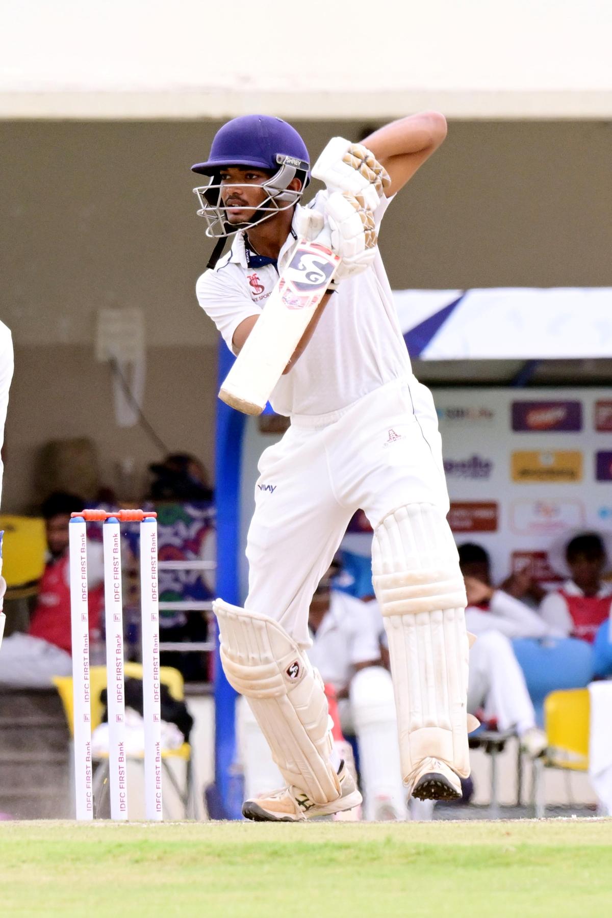 Kiran Karthikeyan in action in the CK Nayudu Trophy final at Natham in Dindigul, Tamil Nadu, on Tuesday, 10 March 2026.