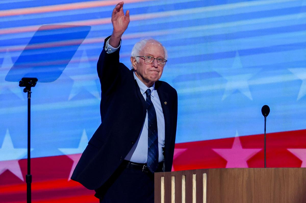 Senator Bernie Sanders gestures onstage during Day 2 of the Democratic National Convention (DNC) in Chicago, Illinois, U.S., August 20, 2024. 