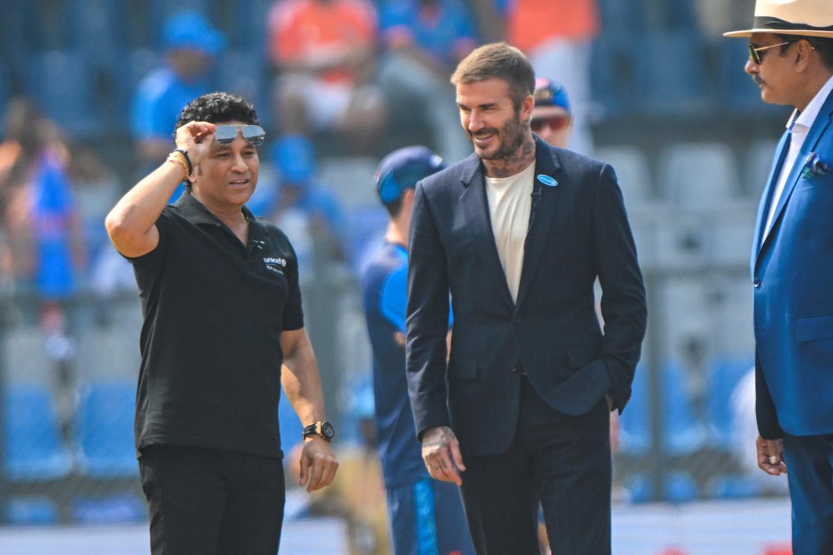 UNICEF Global Ambassador David Beckham, Indian Ambassador Sachin Tendulkar and Ravi Shastri before the first semifinal of the ICC men’s cricket World Cup between India and New Zealand match at the Wankhede Stadium, Mumbai, on November 15, 2023.