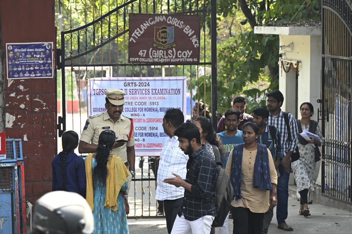 Group-II exam candidates coming out of an examination centre in Hyderabad on Sunday.