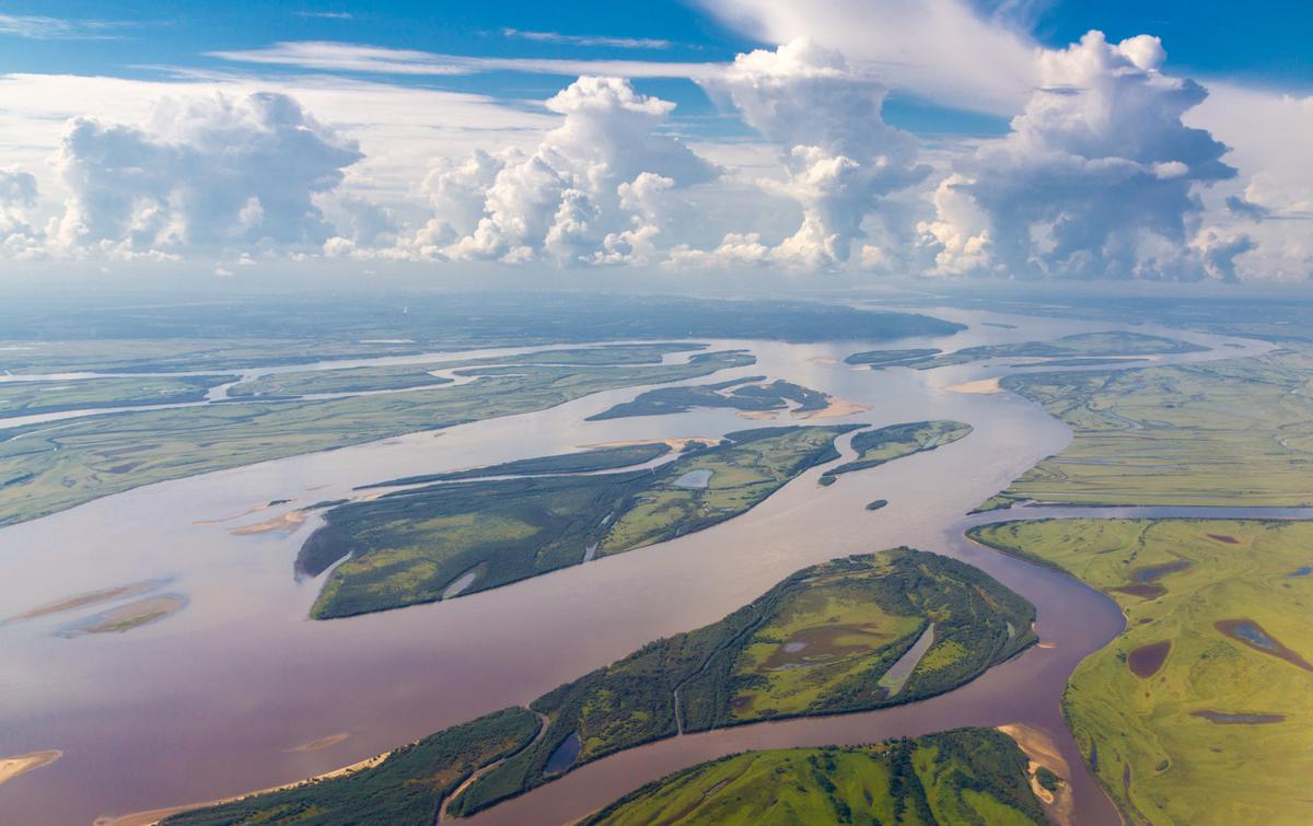 Aerial view of the Amur River in Russia.