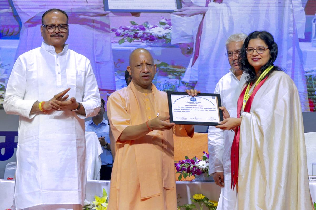 Uttar Pradesh Chief Minister Yogi Adityanath with Deputy Chief Minister Brajesh Pathak during the foundation day celebrations of Dr. Ram Manohar Lohia Institute of Medical Sciences in Lucknow. Uttar Pradesh Chief Minister Yogi Adityanath with Deputy Chief Minister Brajesh Pathak during the foundation day celebrations of Dr. Ram Manohar Lohia Institute of Medical Sciences in Lucknow.