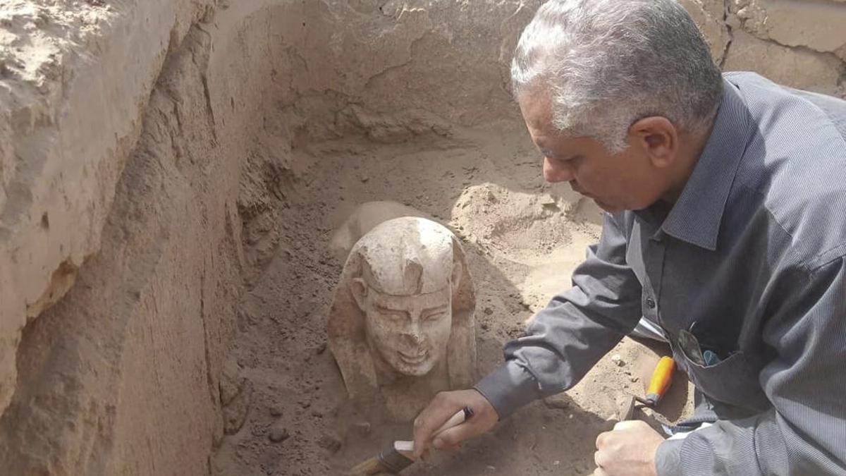 Smiley, dimpled sphinx statue unearthed in Egypt
