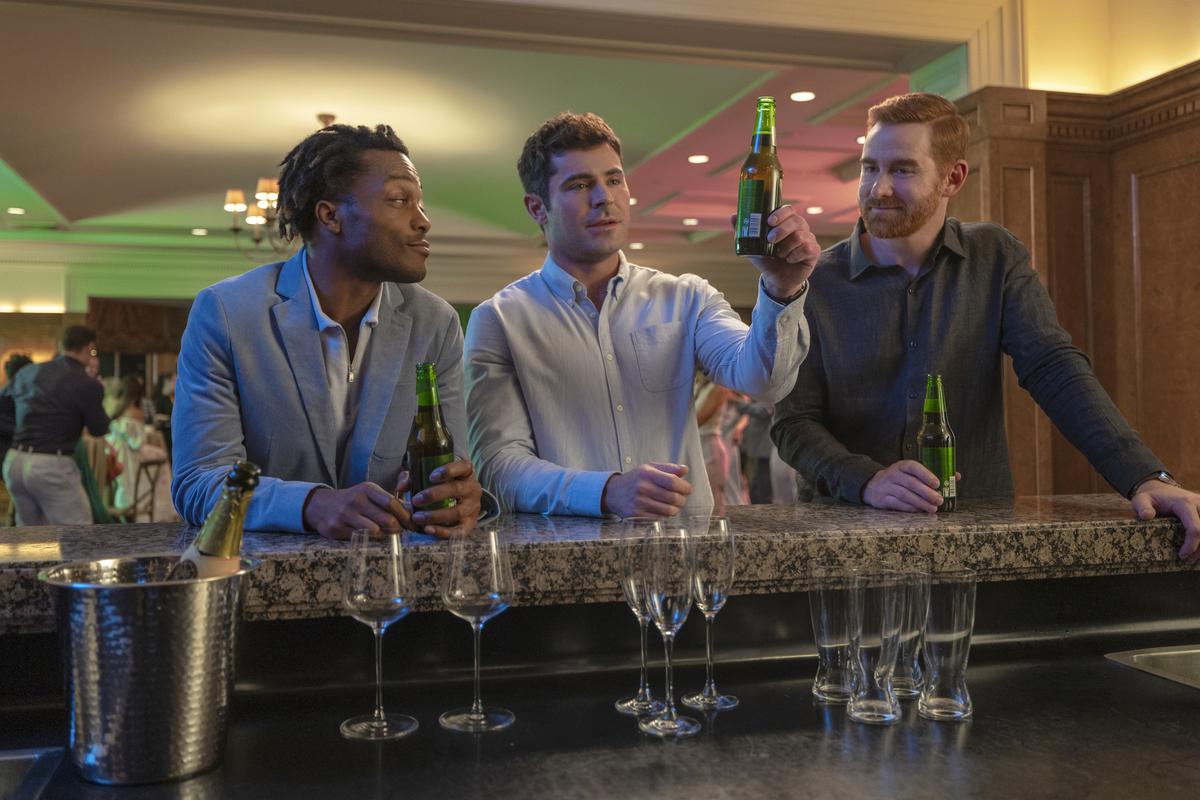 Jermaine Fowler, Zac Efron and Andrew Santino in a scene from ‘Ricky Stanicky’