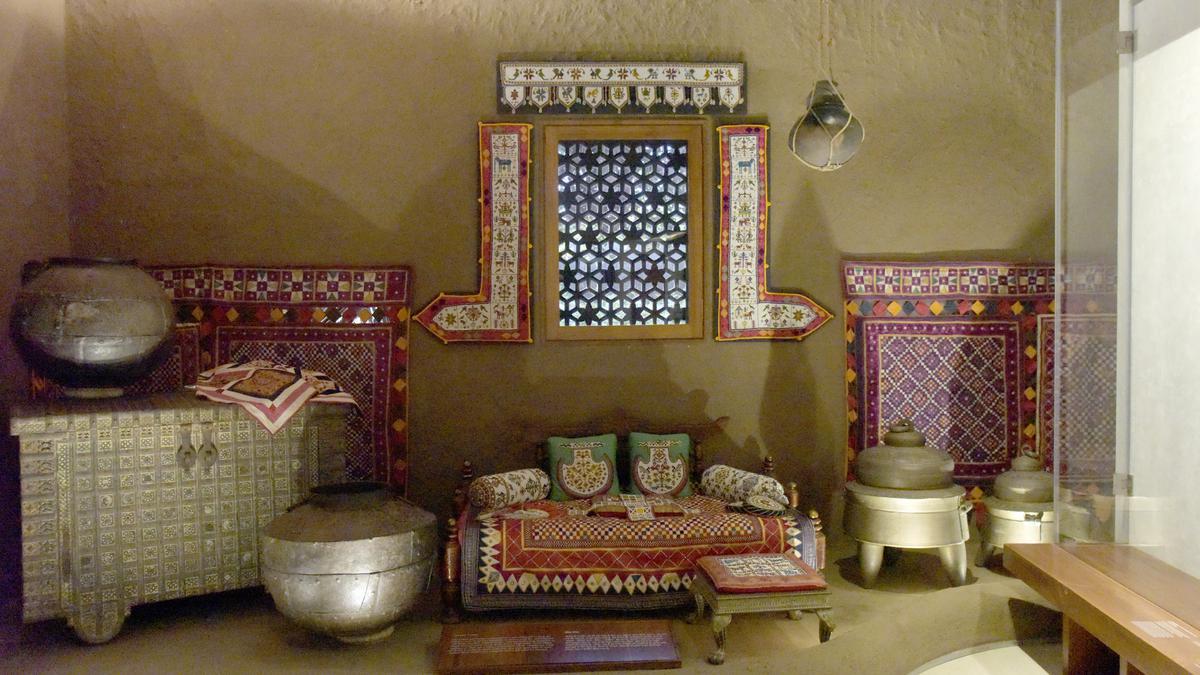 An exhibit showcases the interior of a home in Saurashtra at Dr. Savitadidi N. Mehta Museum and the Vishwa Gurjari Library in Porbandar, Gujarat.  