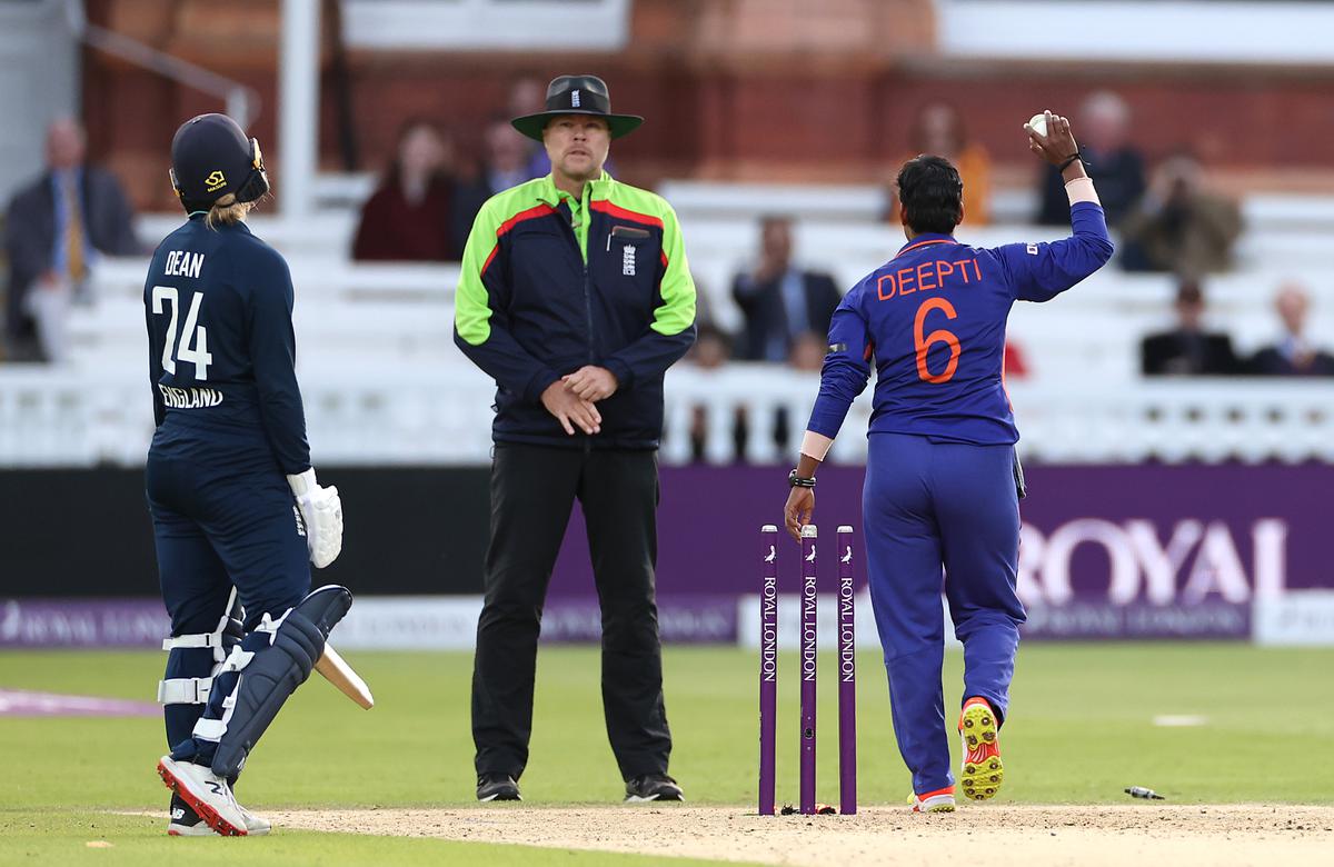 Charlie Dean of England reacts after being run out (Mankad) by Deepti Sharma of India to claim victory during the 3rd Royal London ODI between England Women and India Women at Lord’s Cricket Ground on September 24, 2022