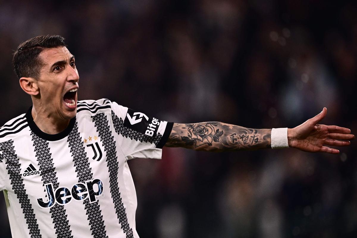 Juventus’ Argentinian forward Angel Di Maria celebrates after opening the scoring during the UEFA Europa League round of 16 first-leg football match between Juventus and SC Freiburg on March 9, 2023, at the Juventus stadium in Turin.