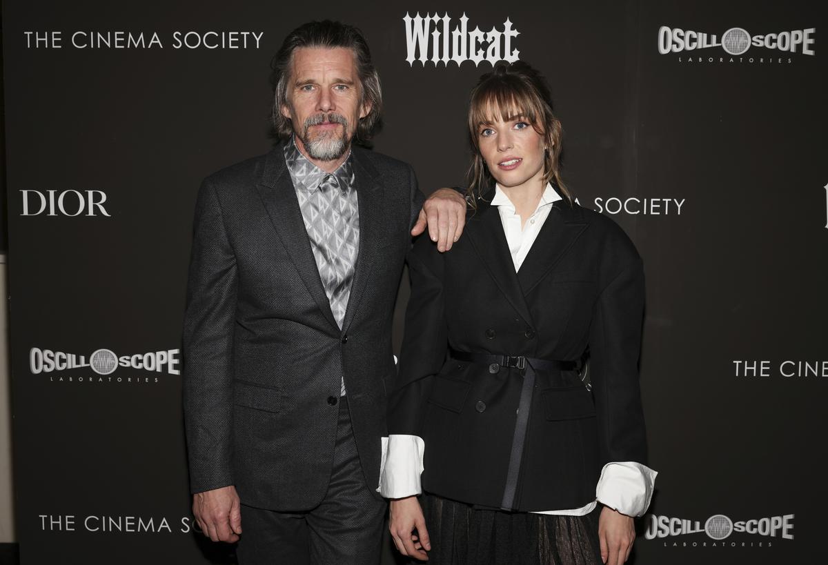 Ethan Hawke, left, and Maya Hawke attend the premiere of ‘Wildcat’ hosted by Dior and The Cinema Society, at the Angelika Film Center on Thursday, April 11, 2024, in New York