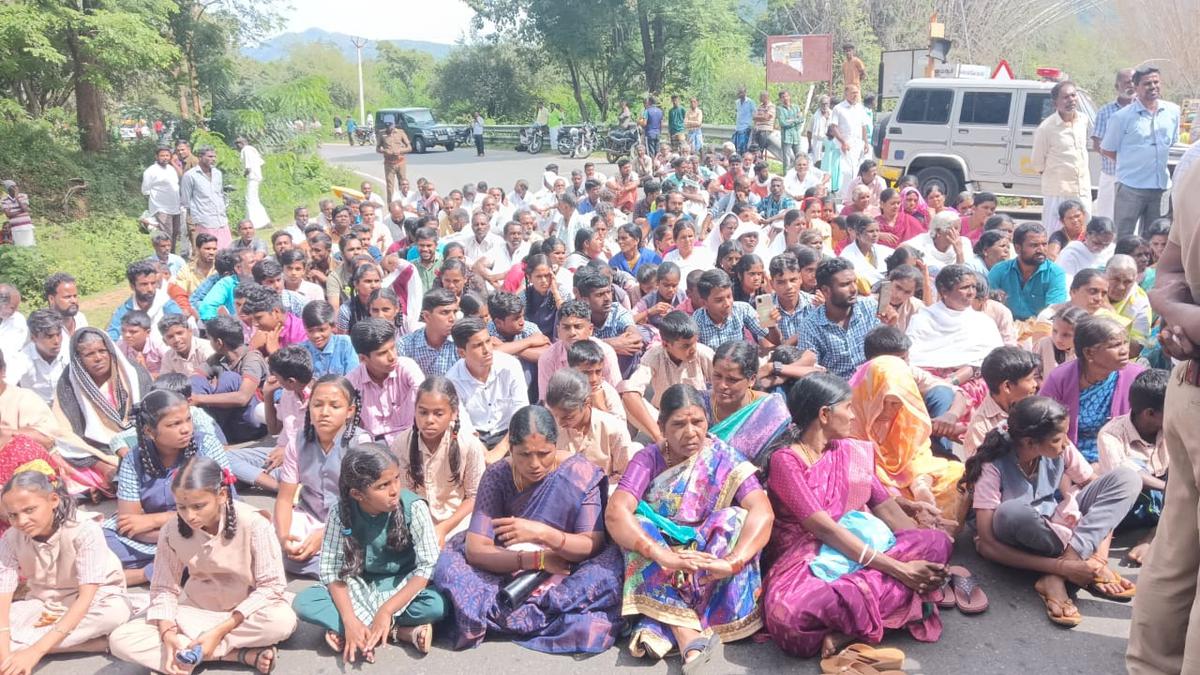 Residents stage protest at Hasanur in Erode district to demand road facilities, protection from wild elephants
