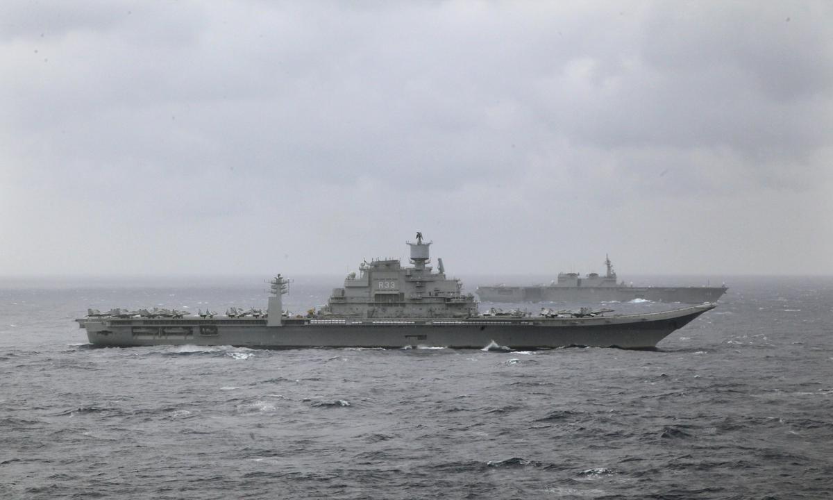 Indian naval ship INS Vikramaditya, front, participates in the Malabar 2017 tri-lateral exercises between India, Japan and the U.S. in the Bay of Bengal on July 17, 2017. India bought its first aircraft carrier, INS Vikramaditya, from Russia in 2004. The carrier had served in the former Soviet Union and later in the Russian Navy. 