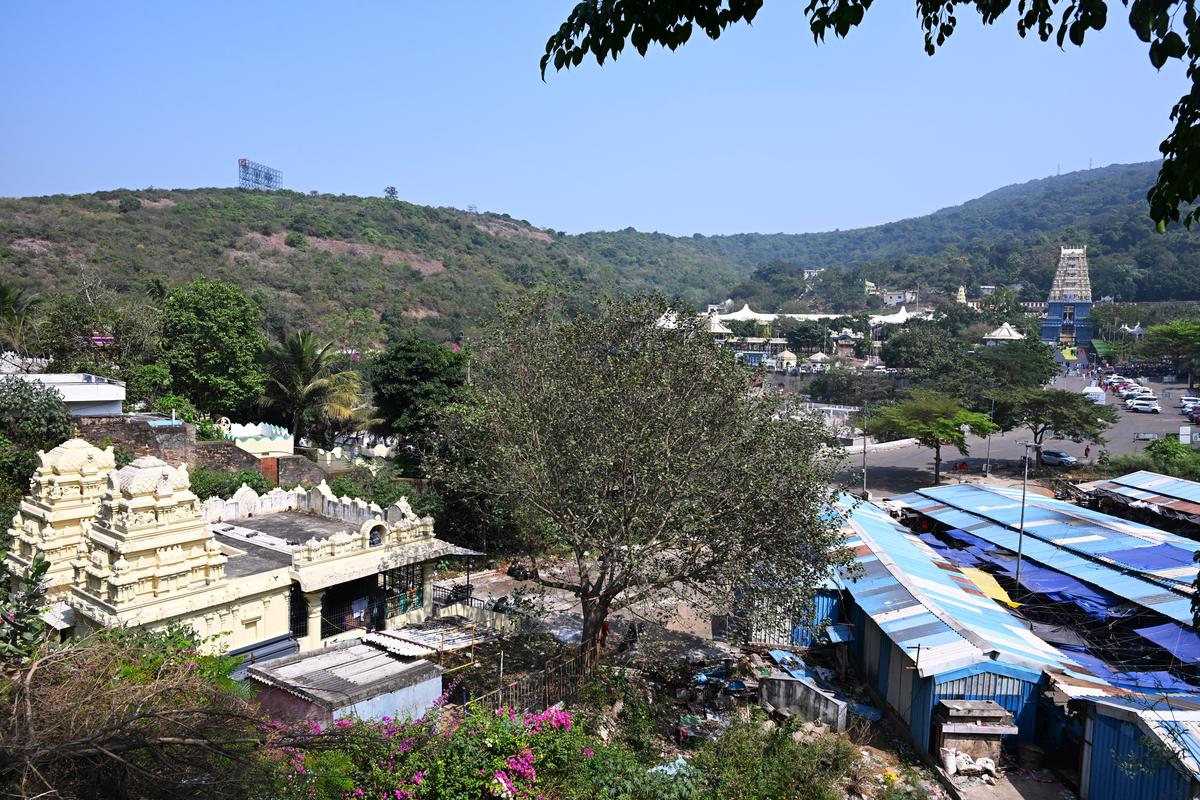 An aerial view of the temple, shopping complex and surroundings of Sri Varaha Lakshmi Narasimha Swamy temple on the Simhachalam hill in Visakhapatnam.