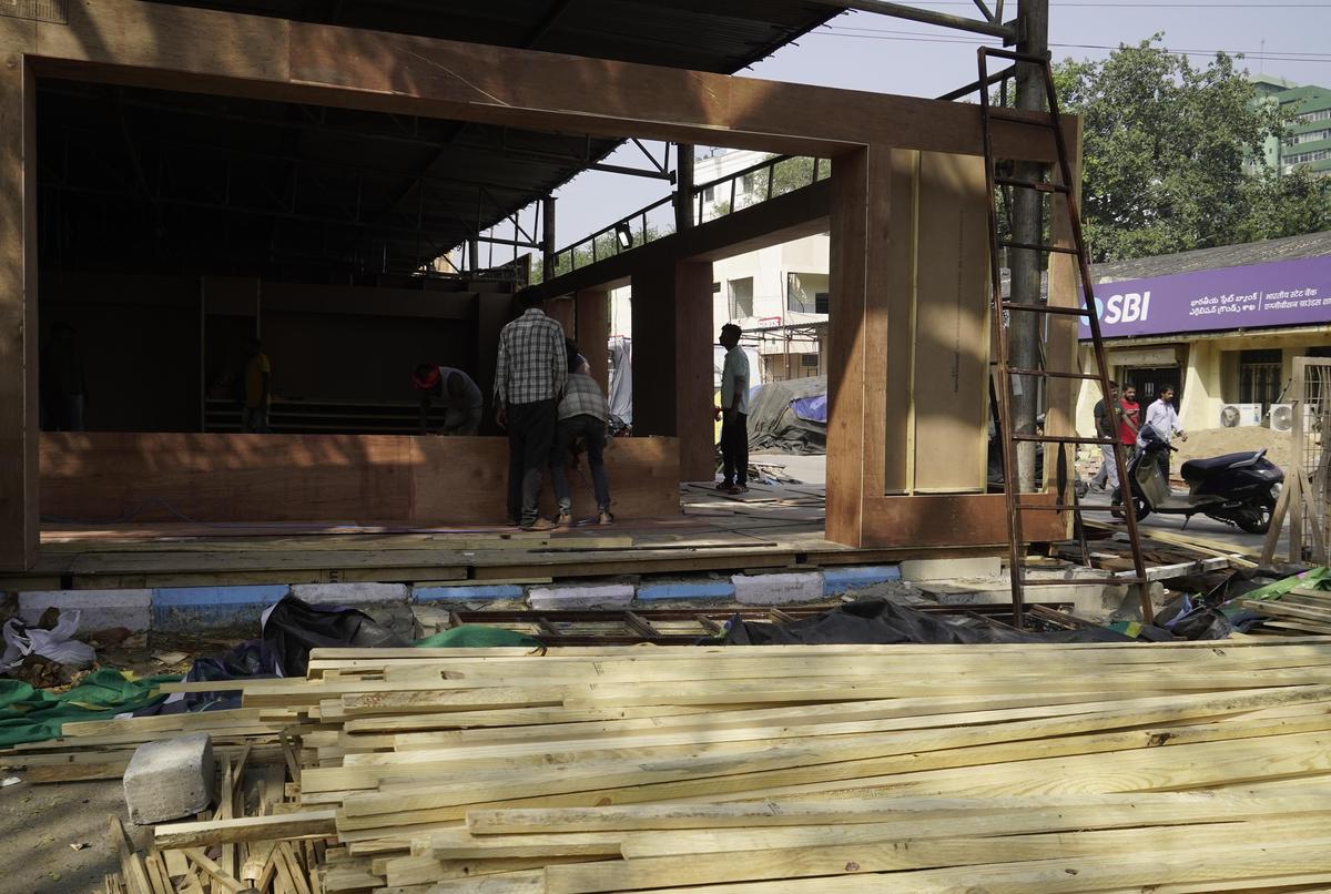 Stalls nearing completion for the upcoming 85th All India Industrial Exhibition, also known as Numaish at the Exhibition Grounds, Nampally in Hyderabad on Sunday.