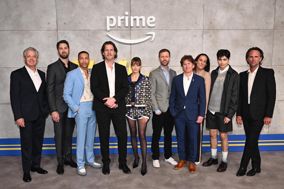 (L-R) Kyle MacLachlan, Executive Producer James Altham, Aaron Moten, Director Jonathan Nolan, Ella Purnell, Executive Producer Graham Wagner, Executive Producer Todd Howard, Executive Producer Athena Wickham, Xelia Mendes-Jones and Walton Goggins attend the UK Special Screening of “Fallout” presented by Amazon MGM Studios & Prime Video at White City Television Centre on April 04, 2024, in London, England.