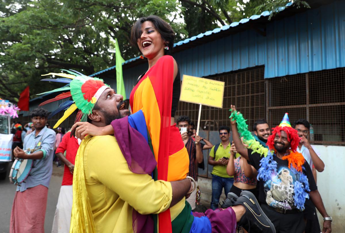Chennai, Tamil Nadu, 25 June 2023: Pride March: Members and supporters of LGBTIQ+ celebrating pride month at  Langs Garden road, Egmore in Chennai on Sunday. Photo: Akhila Easwaran/ The Hindu