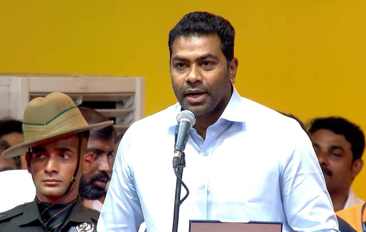 Tamilaga Vettri Kazhagam (TVK) leader Aadhav Arjuna takes oath as Tamil Nadu Minister at Jawaharlal Nehru Indoor Stadium, in Chennai on May 10, 2026