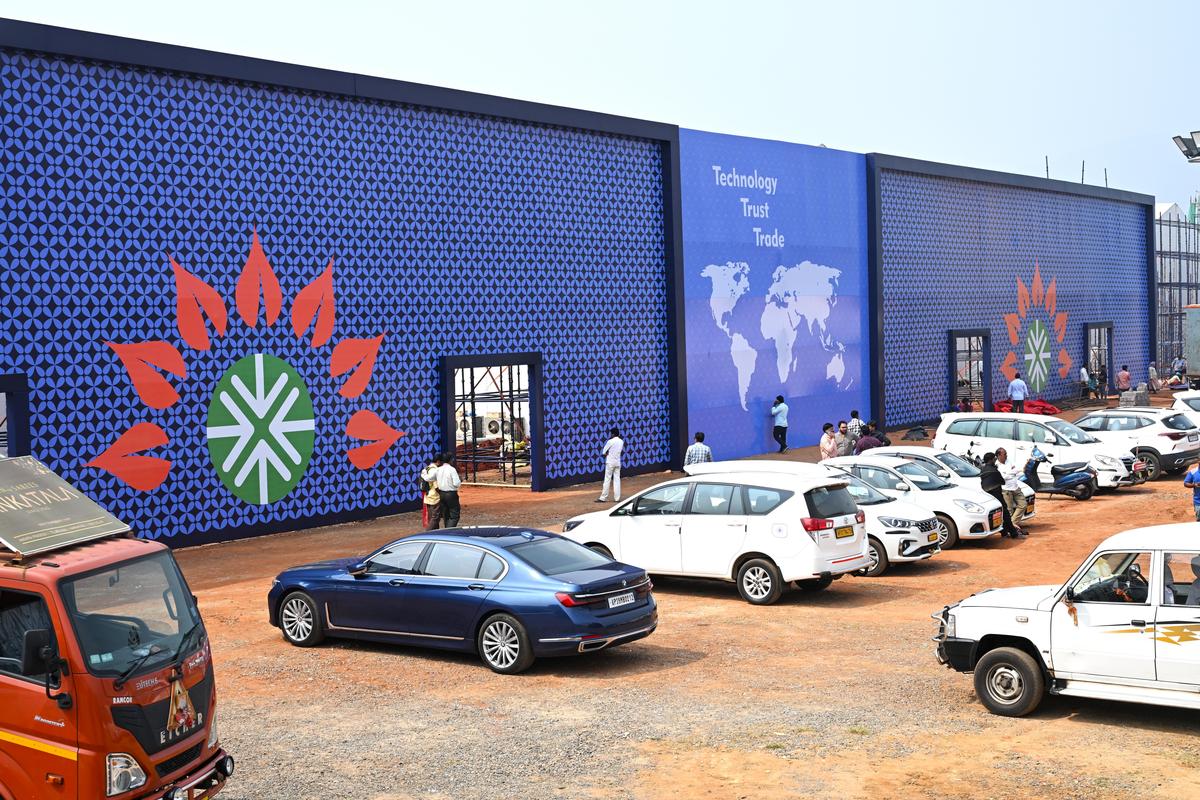 Entrance of the main venue of the 30th CII Partnership Summit on AU Engineering College grounds in Visakhapatnam.
