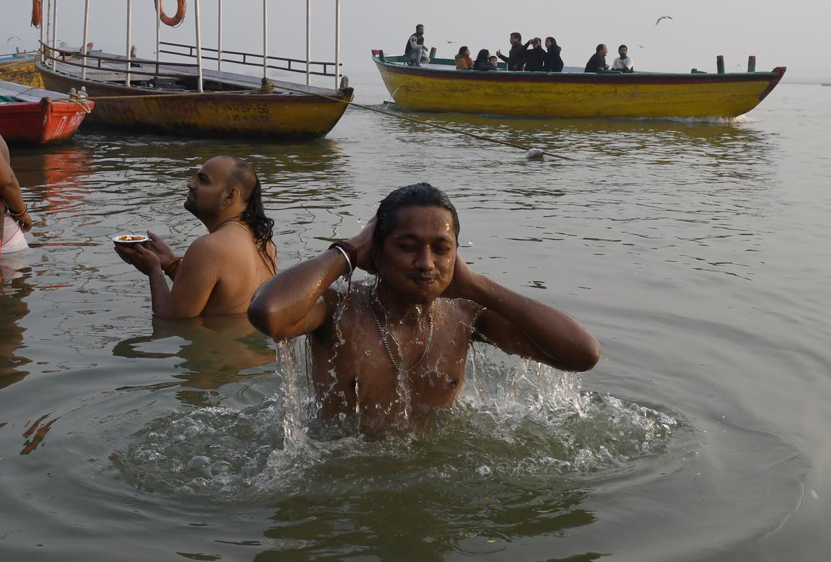 An undergraduate student who was part of the delegation of the Kashi Tamil Sangamam enjoying a dip in the Ganga at the Hanuman Ghat. An undergraduate student who was part of the delegation of the Kashi Tamil Sangamam enjoying a dip in the Ganga at the Hanuman Ghat.