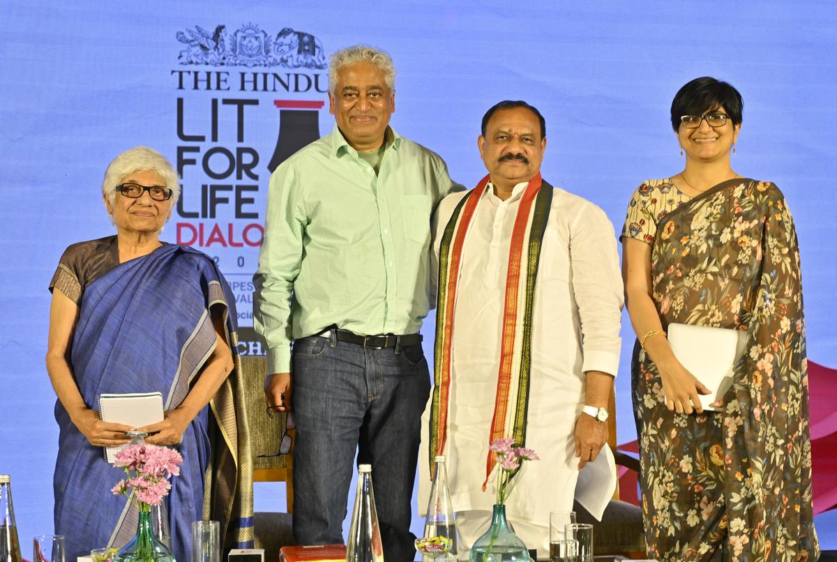 Political Commentator Neerja Chowdhury, Eminent Journalist Rajdeep Sardesai, Telangana Pradesh Congress Committee President, B. Mahesh Kumar Goud In conversation with Senior Assistant Editor at The Hindu Swathi V at The Hindu Lit for Life Dialogue 2025 held at Taj Deccan in Hyderabad on Friday.