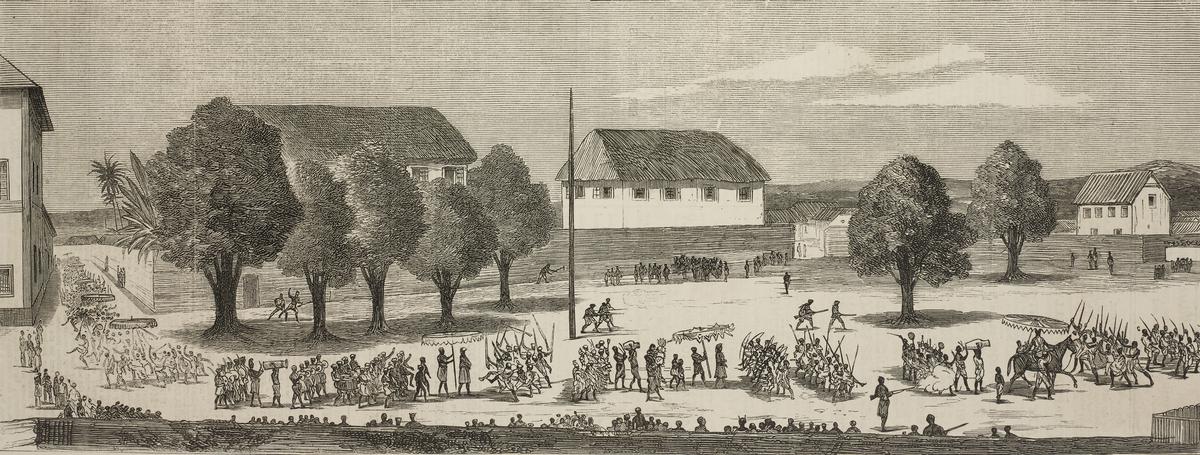 Procession of Dahomey chiefs with their slaves and bands.