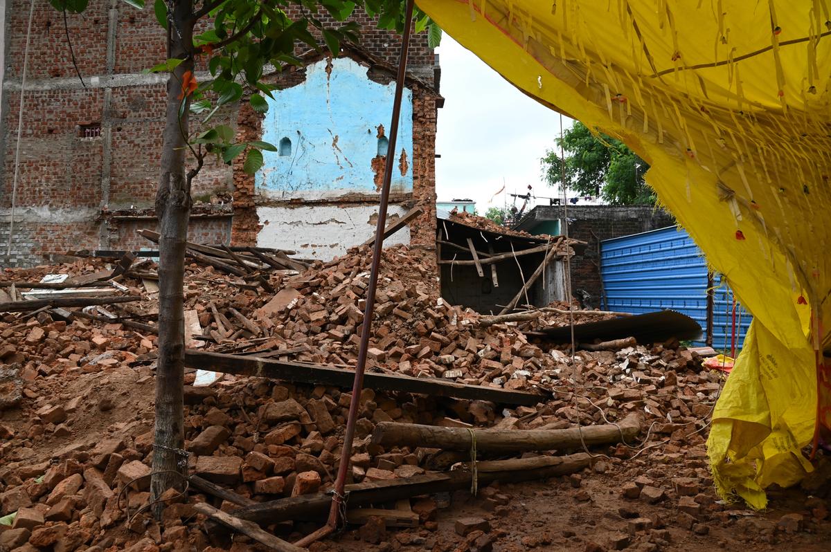 Debris of the house whose wall collapsed, killing nine children in Shahpur town, Sagar district, Madhya Pradesh.