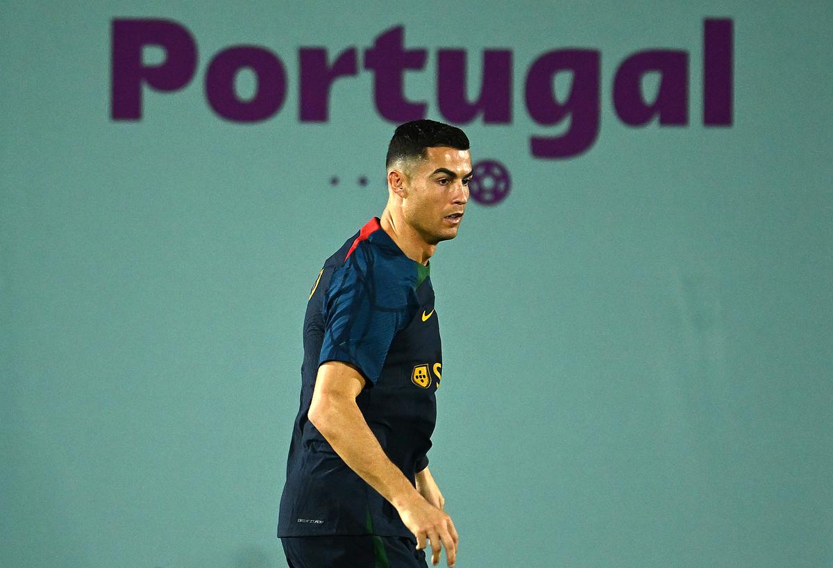 Cristiano Ronaldo of Portugal in action during the Portugal training session at the Al Shahaniya SC training site on November 19, 2022 in Doha, Qatar