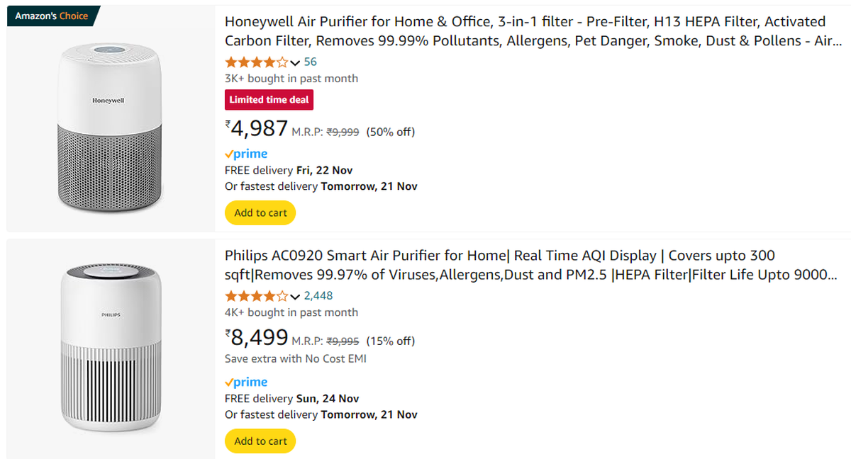 Amazon India shows that thousands of air purifiers have been bought in the past month