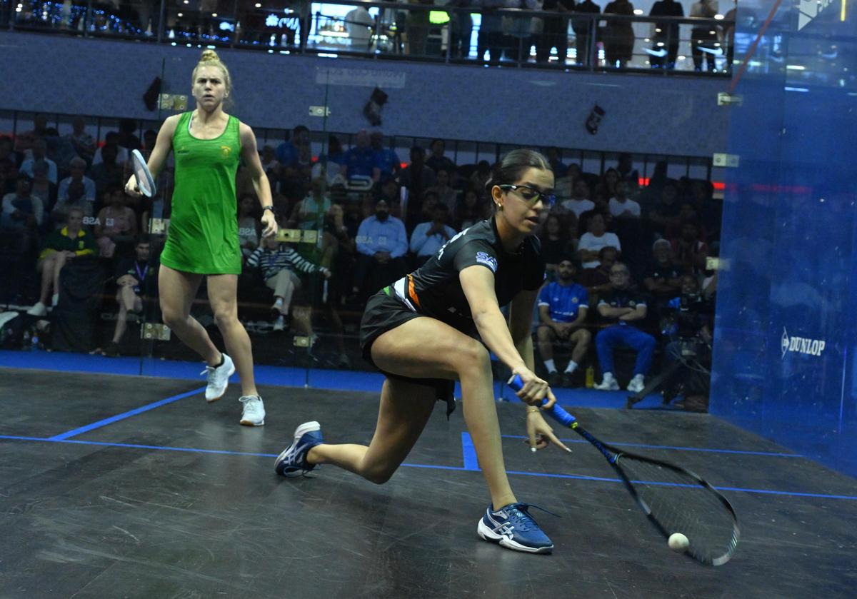 Anahat Singh of India and Hayley Ward  of South Africa in action at the SDAT World Cup squash tournament in Chennai on Friday, December 12, 2025. 