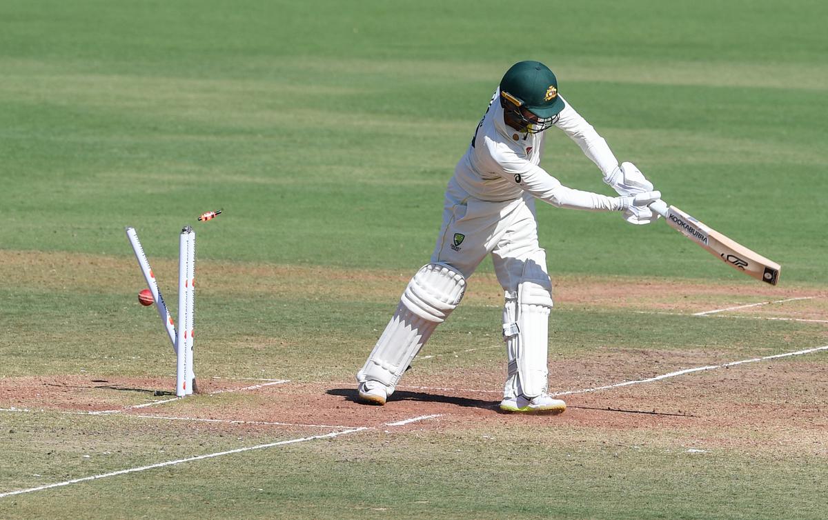 All at sea: Nathan Lyon had no clue to this one from Mohammed Shami.