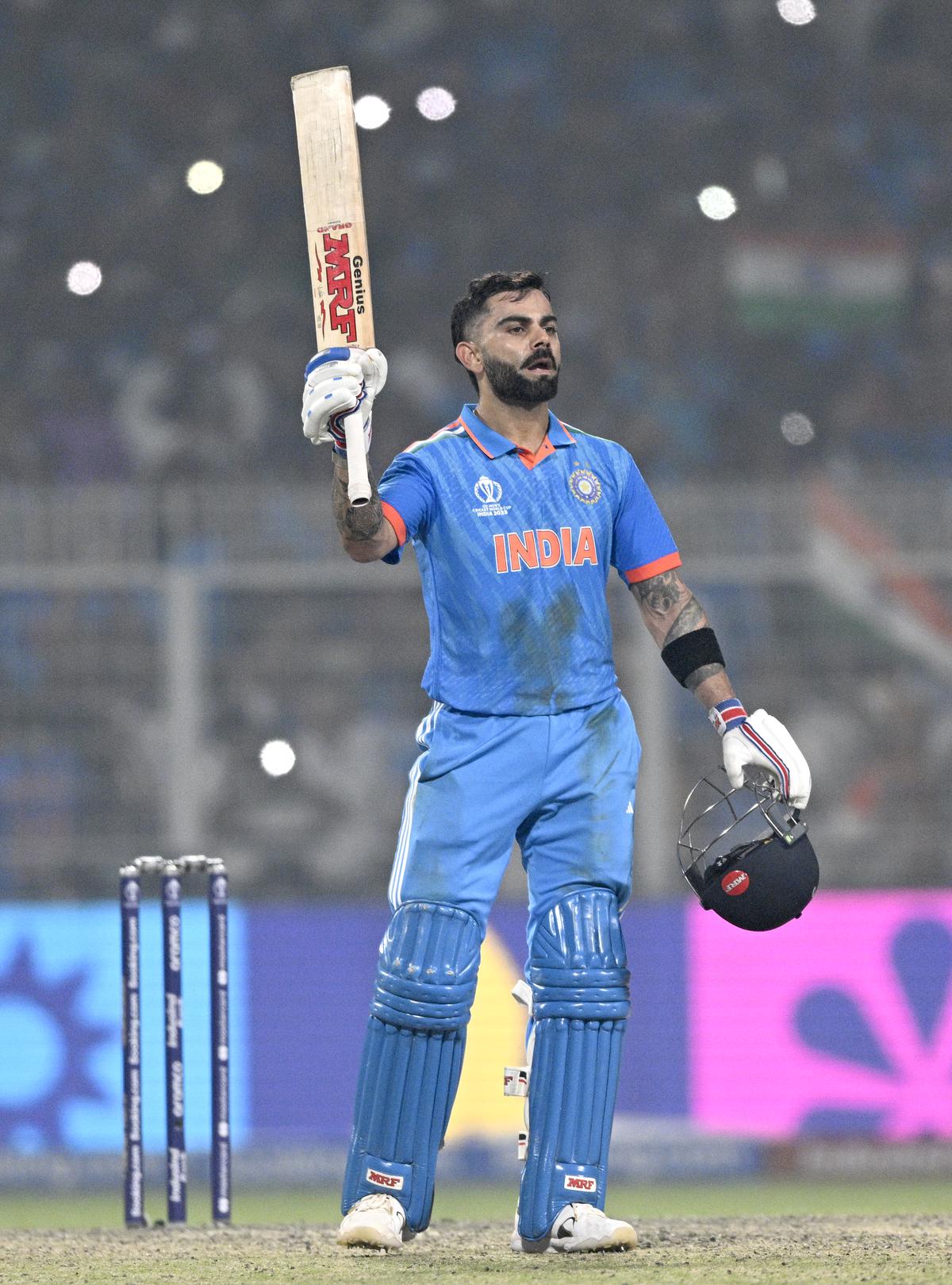 India’s Virat Kohli celebrates after scoring a century during the ICC Men’s Cricket World Cup 2023 match between India and South Africa.