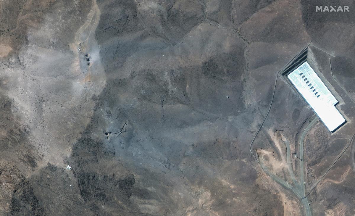 This satellite image provided by Maxar Technologies shows a closer view of craters and ash on a ridge at Fordo enrichment facility in Iran after U.S. strikes, on June 22, 2025. This satellite image provided by Maxar Technologies shows a closer view of craters and ash on a ridge at Fordo enrichment facility in Iran after U.S. strikes, on June 22, 2025.