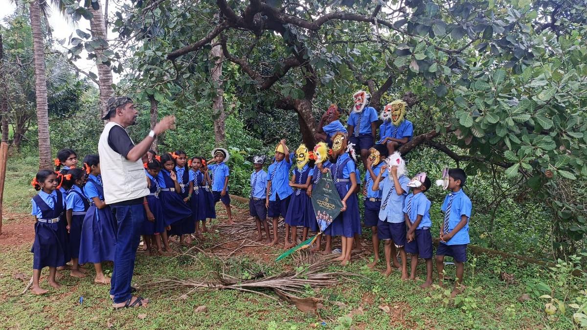 Government school children engaged in outdoor activities at Kodasani in Ankola in Uttara Kannada under Vana Chethana activities of Sahyadri Sanchaya of Mangaluru. 