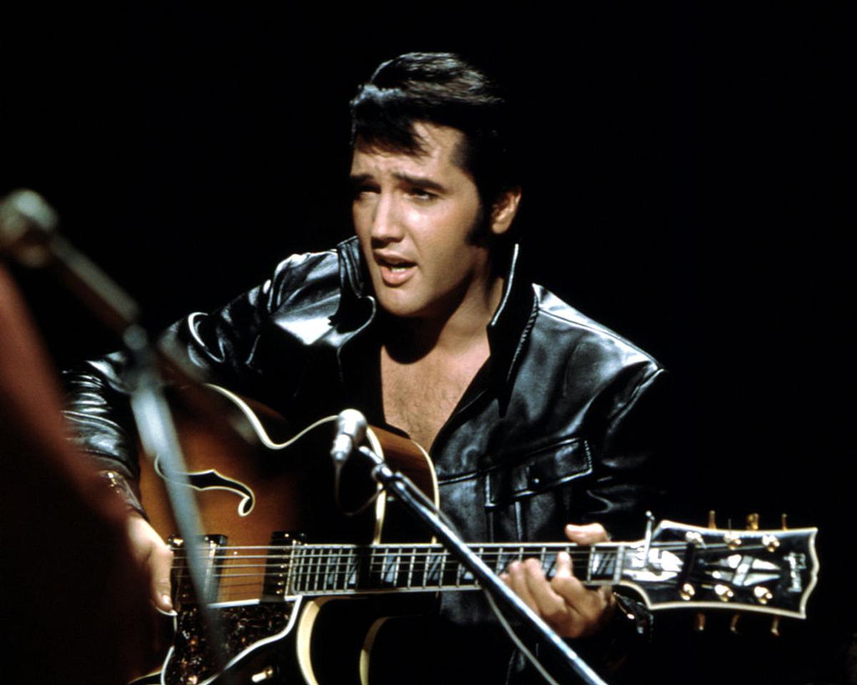 Rock and roll musician Elvis Presley during a performance in 1968. 