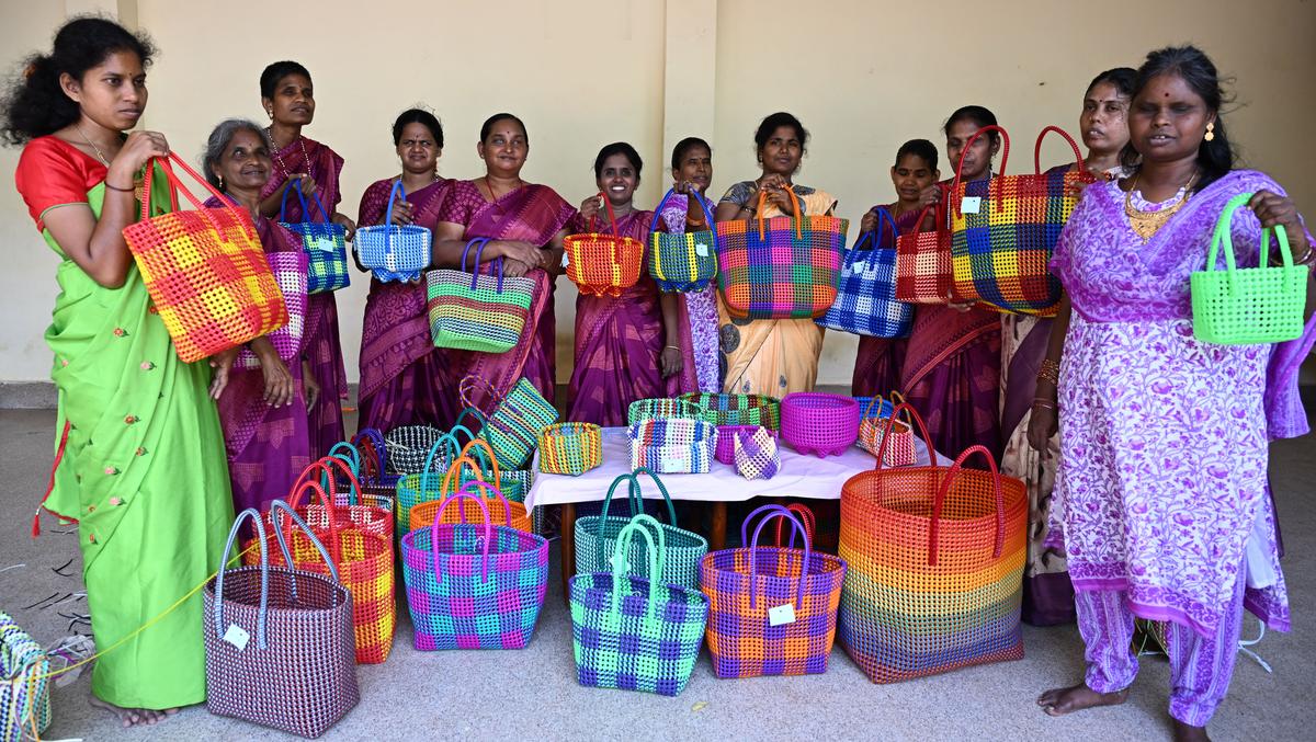 Visually challenged basket weavers seen with their products at Rehabilitation Centre for Blind Women in Tiruchi.