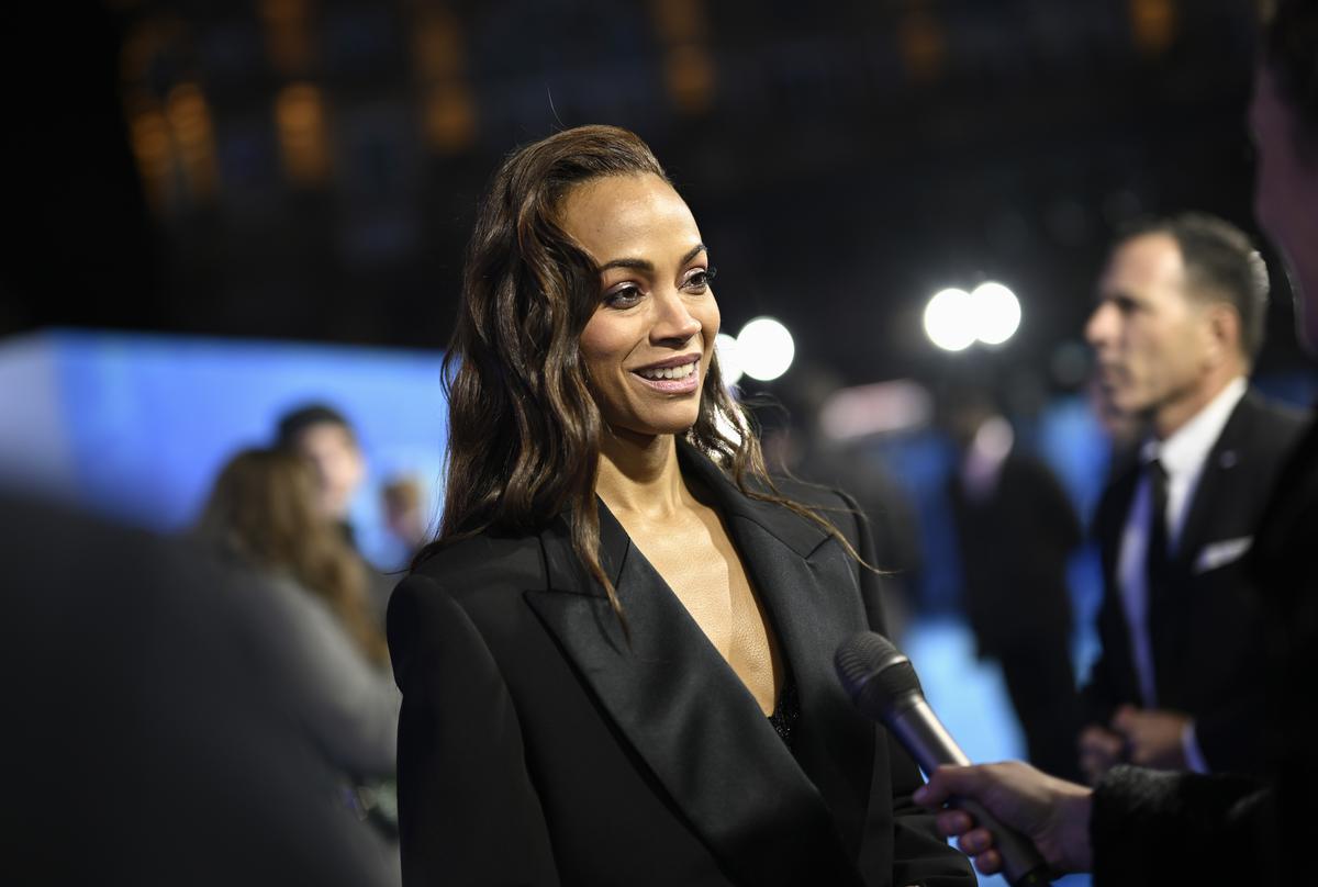 Zoe Saldana attends the world premiere of James Cameron’s “Avatar: The Way of Water” at the Odeon Luxe Leicester Square on December 06, 2022 in London, England