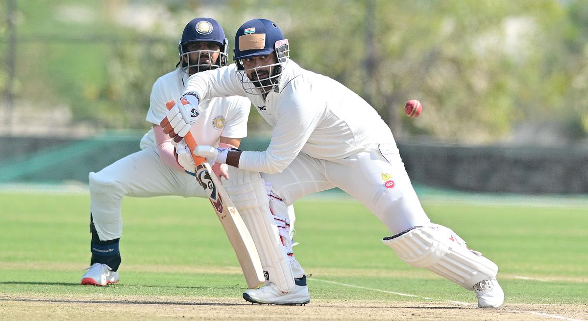 Delhi’s Rishabh Pant in action during the Ranji Trophy match against Saurashtra at the Niranjan Shah Stadium in Rajkot on Friday, January 24, 2025. 