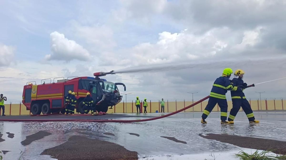 Crash Fire Tenders in action at Mangalam 2023 at Mangaluru International Airport on Friday, August 25, 2023.