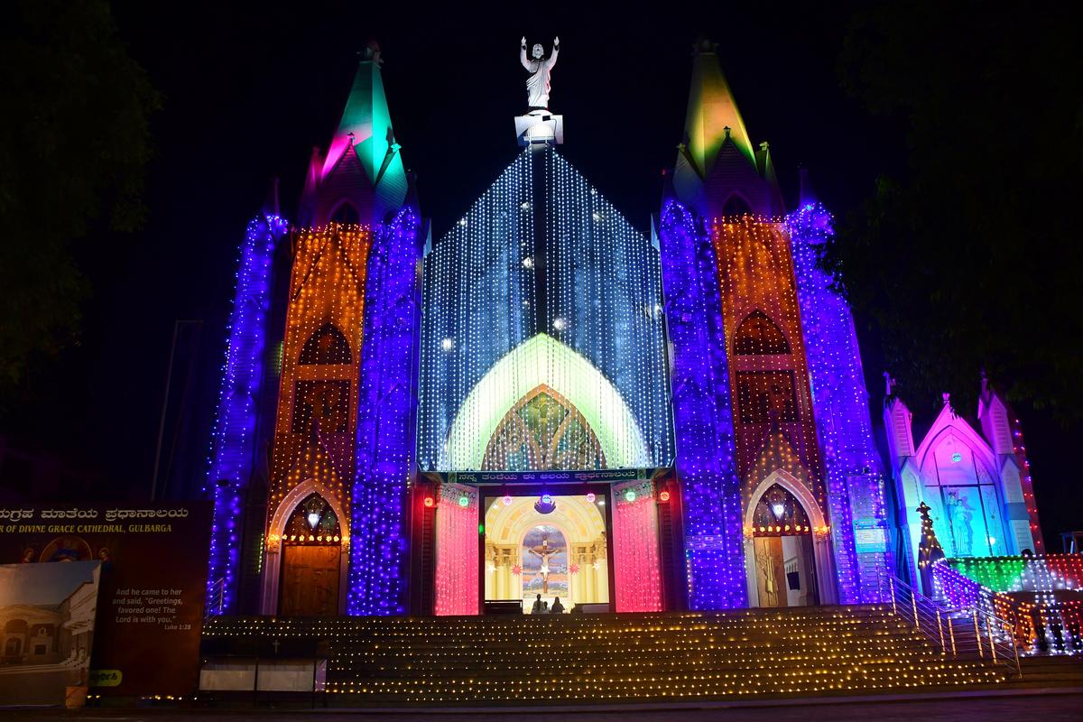 Saint Mary’s Cathedral decorated with festoons and sparkling lights for the Christmas celebrations in Kalaburagi.