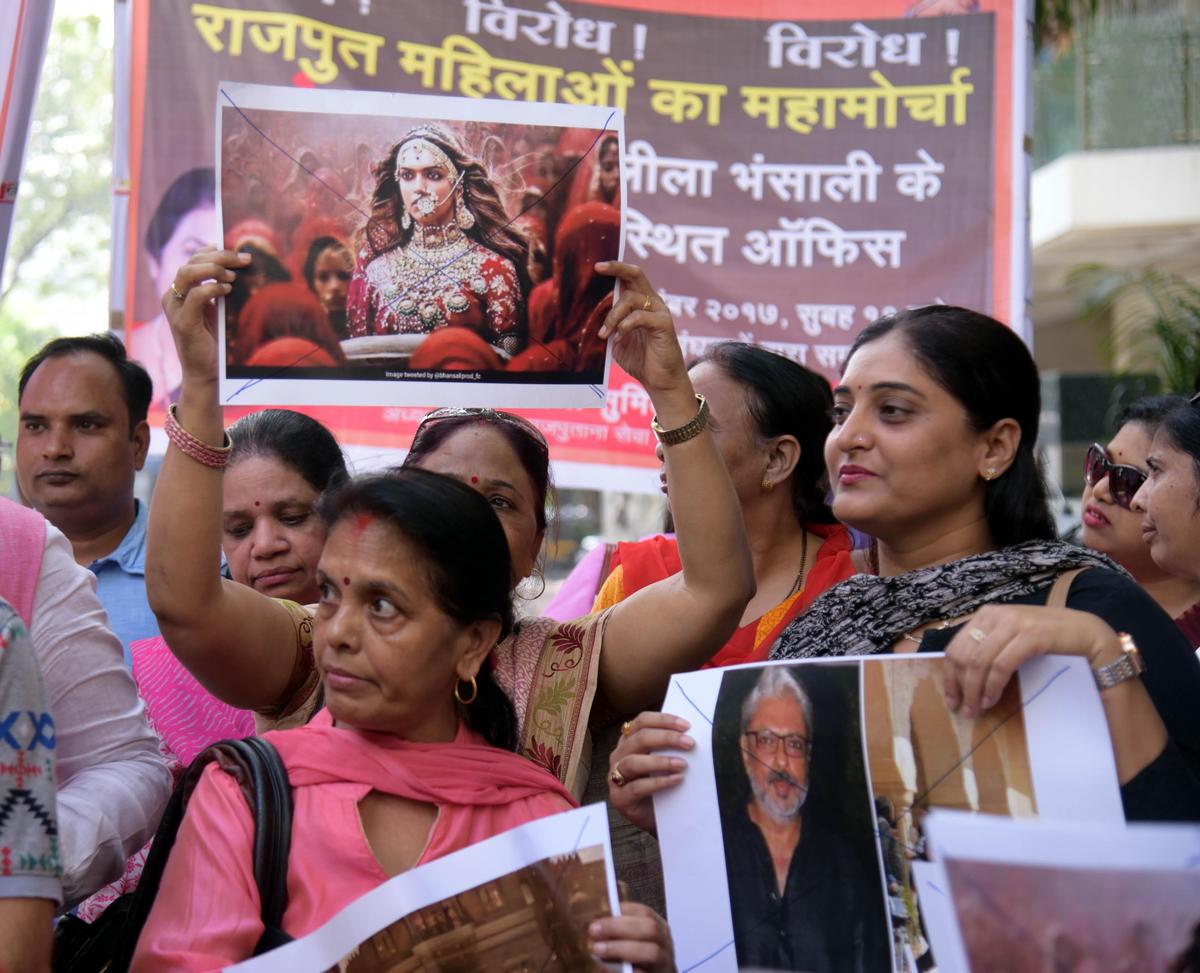 Akhand Rajputana Sevasangh activists protest against the movie Padmavati in 2017.