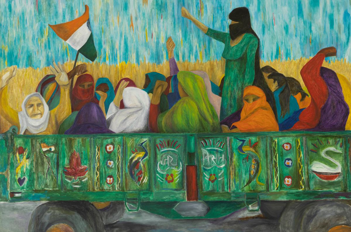 Aban Raza’s painting of women at the Tikri border in Delhi-Haryana during the farmers’ protest.