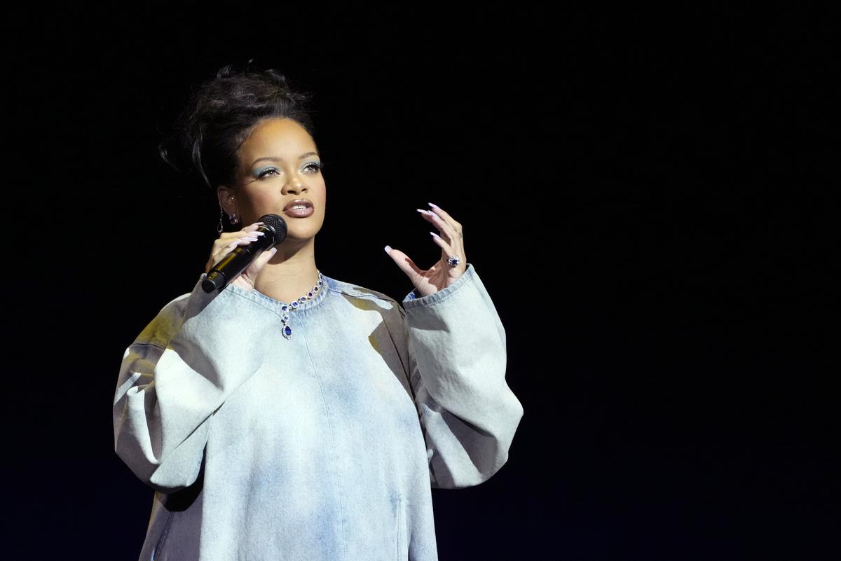 Cast member Rihanna of the upcoming film 'The Smurf Movie' addresses the audience during the Paramount Pictures presentation at CinemaCon 2023.