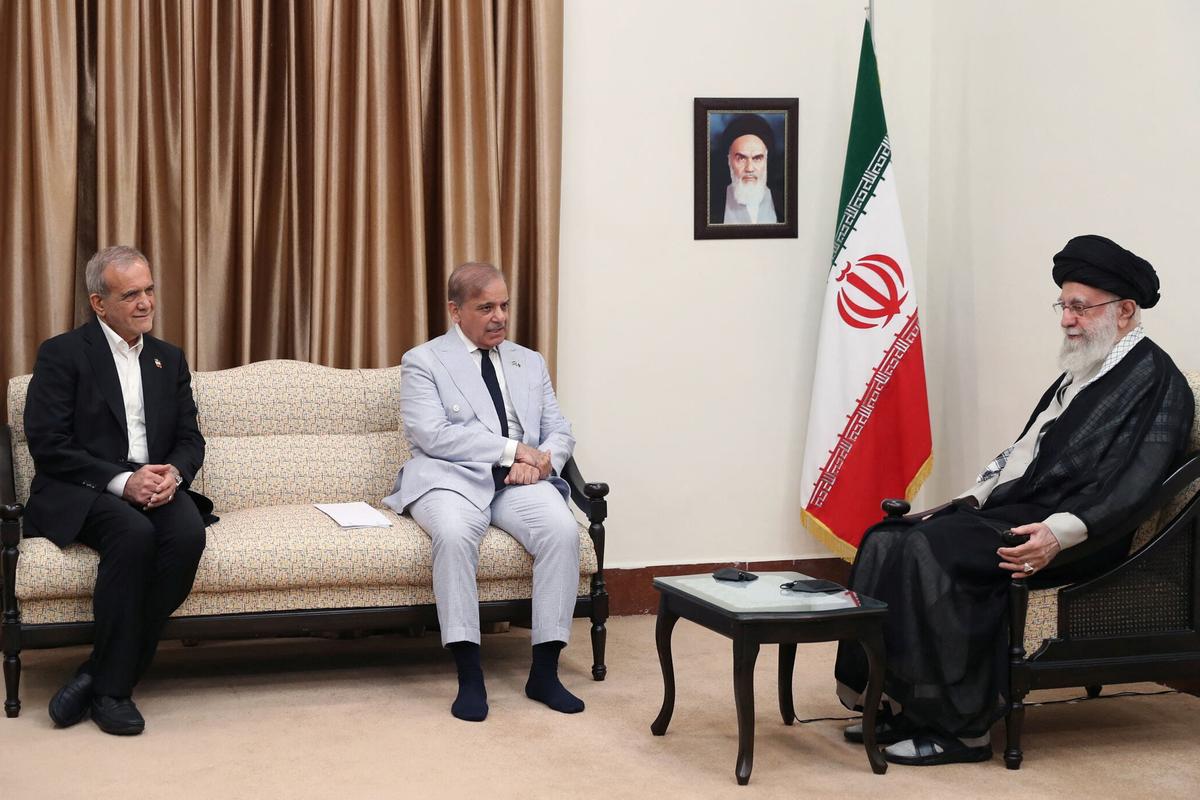 Iran’s Supreme Leader Ayatollah Ali Khamenei and Iranian President Masoud Pezeshkian meet with Pakistan’s Prime Minister Shehbaz Sharif in Tehran, Iran, May 26, 2025. 