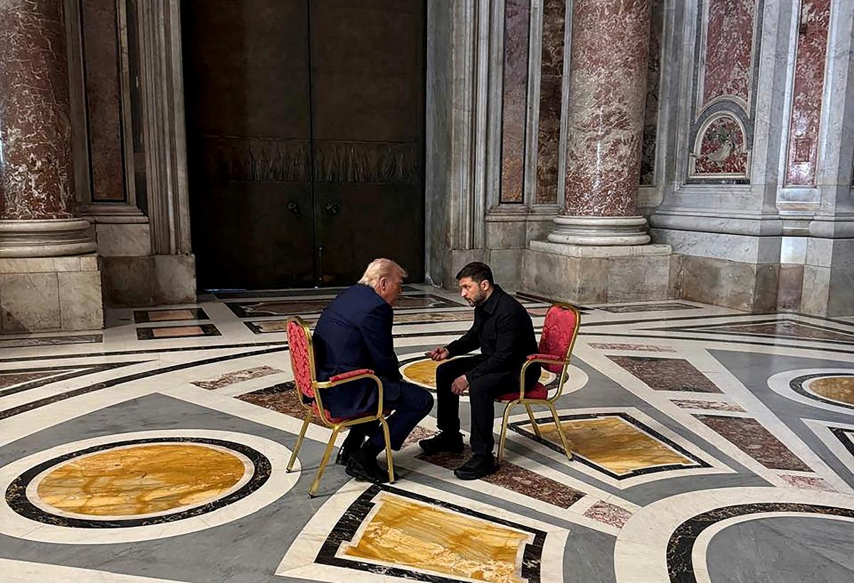 File picture of Volodymyr Zelenskyy and Donald Trump having a private conversation when they met at the funeral of Pope Francis