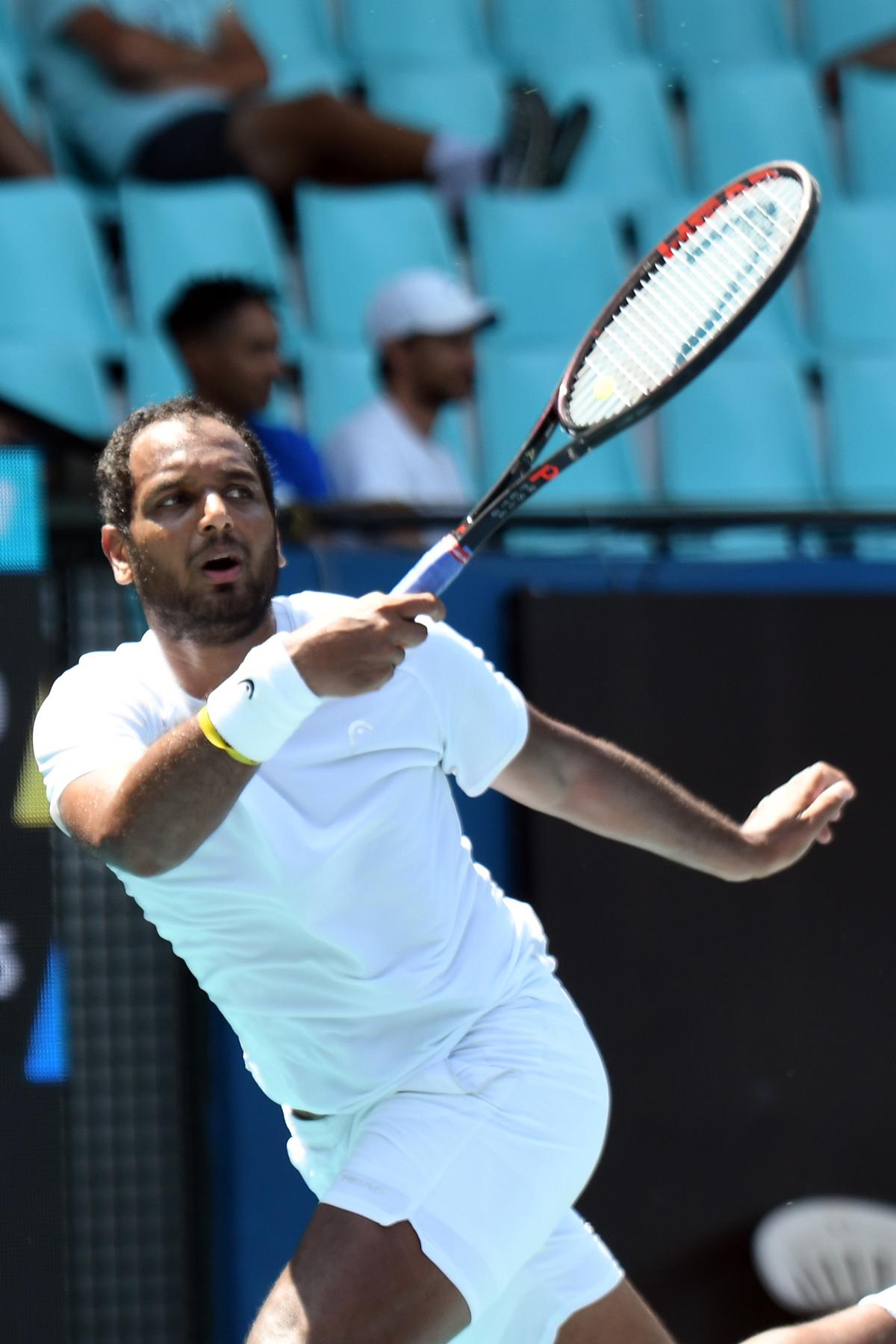 Ramkumar Ramanathan in action against Luca Nardi in the Bengaluru Open on Wednesday, February 14, 2024. 