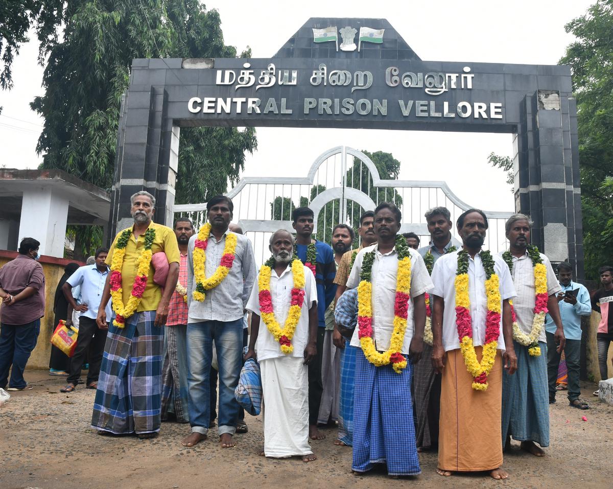 
14 Farmers walking out of the Central prison in Vellore who were arrested for protesting against the proposed SIPCOT unit near Cheyyar town in Tiruvannamalai district. Supporters garland and welcome them on the entrance of the prison on November 22, 2023