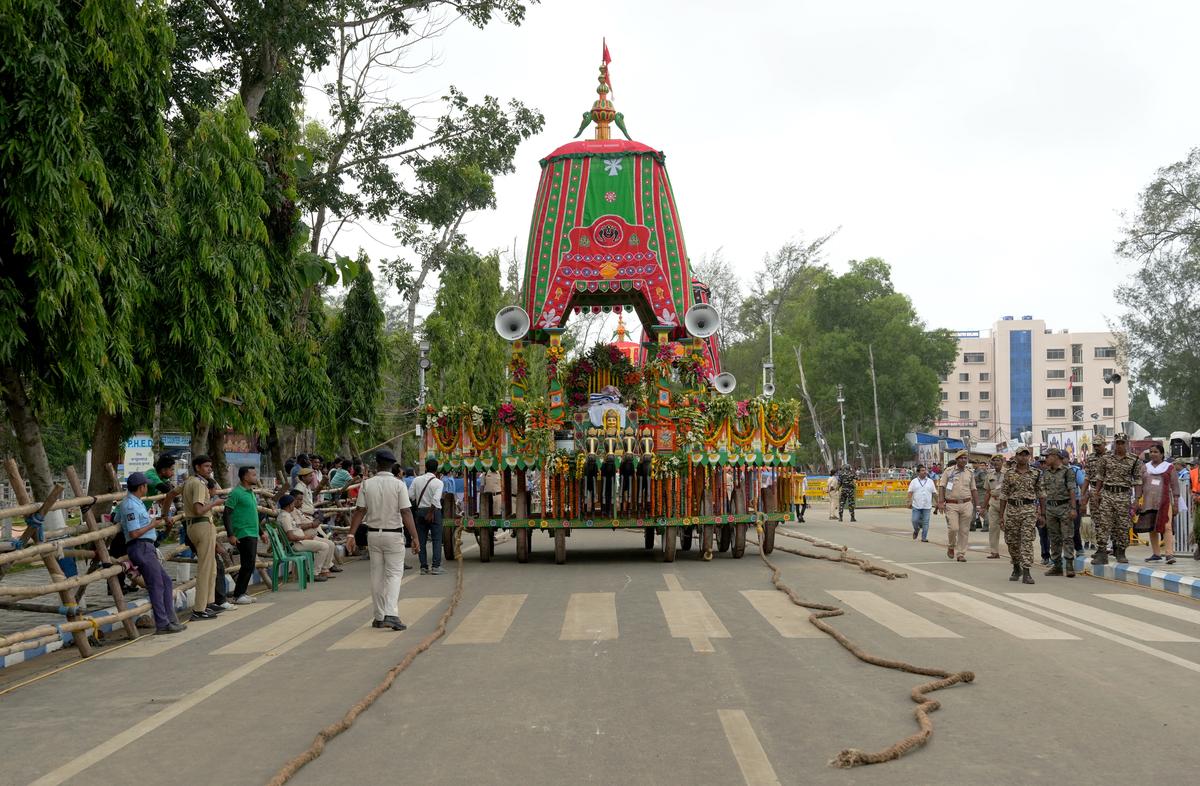 Security personnel stand near the ‘chariot’ outside Jagannath Dham ahead of Lord Jagannath Rath Yatra, in Digha. Security personnel stand near the ‘chariot’ outside Jagannath Dham ahead of Lord Jagannath Rath Yatra, in Digha.