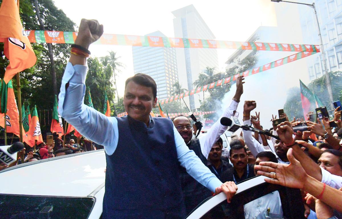 Maharashtra Deputy Chief Minister Devendra Fadnavis and supporters celebrate the BJP alliance’s victory in the Maharashtra Assembly elections. 