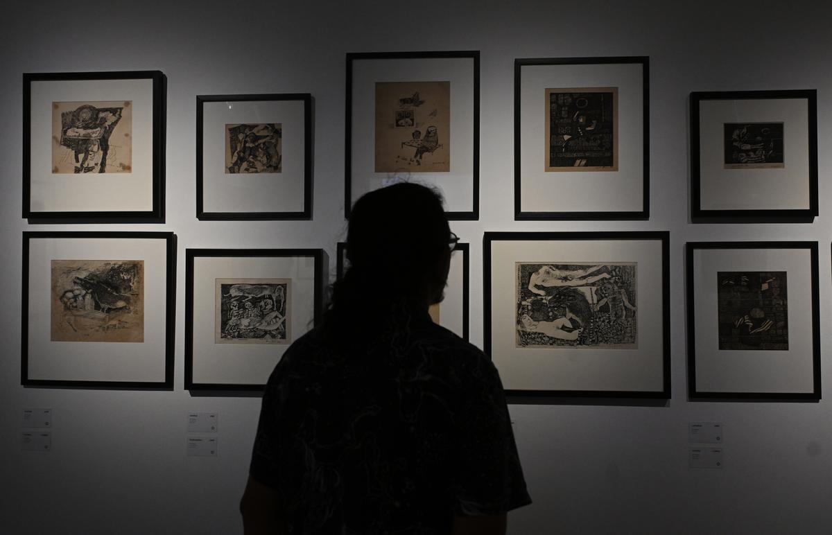 Paintings displayed at ‘The Memory of Colour’ exhibition featuring Achuthan Kudallur’s works at Durbar Hall Art Gallery in Kochi.   