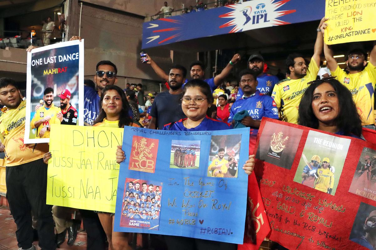 RCB and CSK fans during the match at M. Chinnaswamy Stadium in Bengaluru on Saturday.