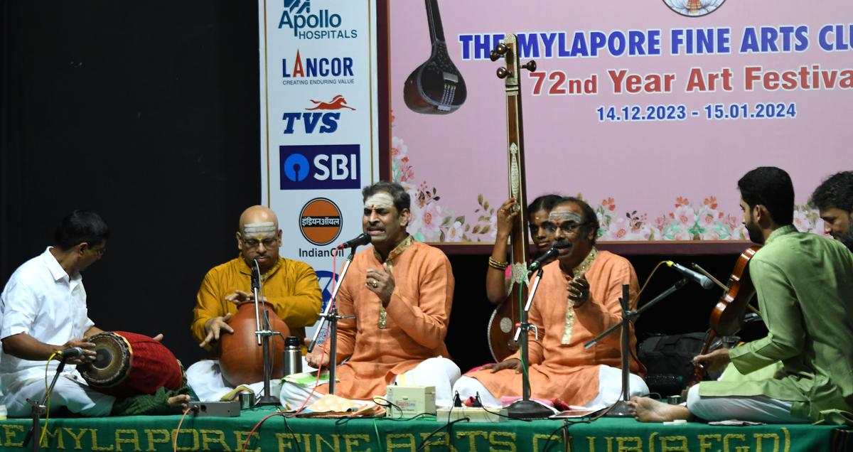 Malladi Brothers (Sreeramprasad and Ravikumar) performing at the 72nd art festival of Mylapore Fine Arts Club in December 2023. He is accompanied by Violinist Karthik Nagaraj,  Ghatam Suresh and K.V. Gopalakrishnan (kanjira).